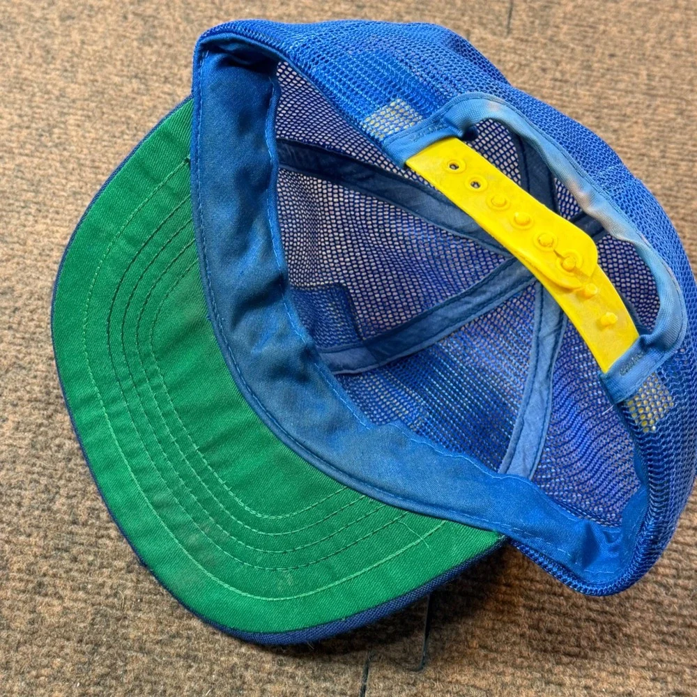 Vintage Michelin Man Trucker Hat Mesh Back Blue Yellow Bibendum Tire Promo Cap